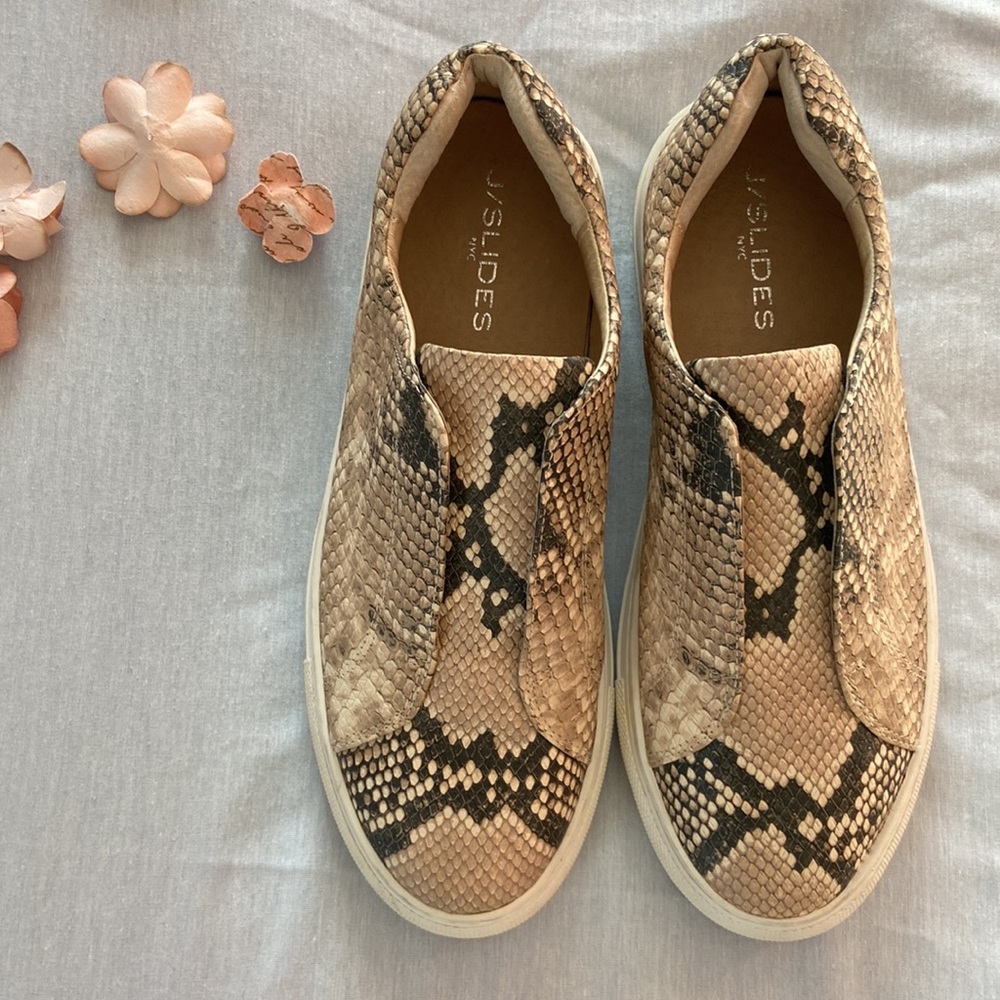 J Slides Snake Print Slip on Leather Sneakers